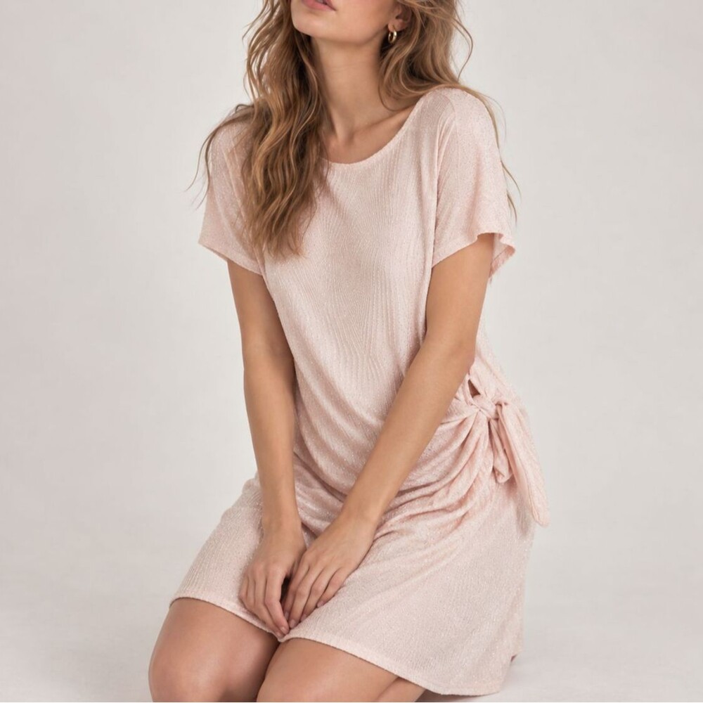 Women L Blush Pink Glitter Side Tie Dress NWT Knee Length Cocktail Party FLAW